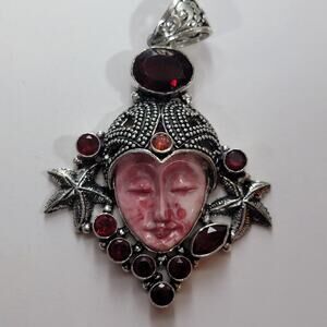 Goddess Pendant Carved Pink Face Sterling Silver with Garnet